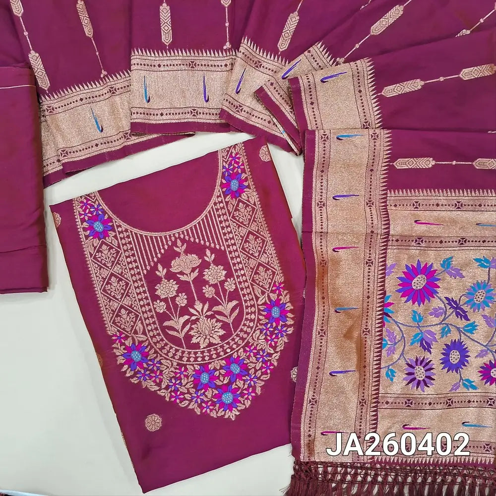 Designer magenta Pink premium silk unstitched salwar material (lining needed) meenakari weaving paithani design on daman, matching silk bottom with borders, premium silk full length dupatta with meenakari weaving paithani design pallu. JA260402
