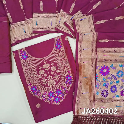 Designer magenta Pink premium silk unstitched salwar material (lining needed) meenakari weaving paithani design on daman, matching silk bottom with borders, premium silk full length dupatta with meenakari weaving paithani design pallu. JA260402