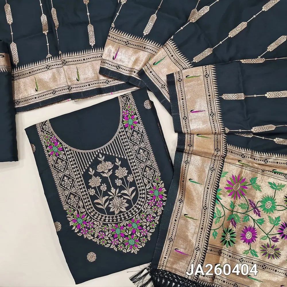 Designer Black premium silk unstitched salwar material (lining needed) meenakari weaving paithani design on daman, matching silk bottom with zari borders, premium silk full length dupatta with meenakari weaving paithani design pallu. JA260404