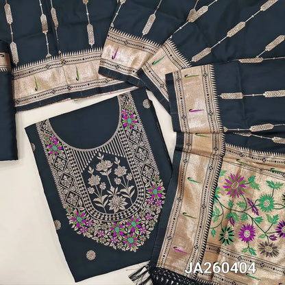 Designer Black premium silk unstitched salwar material (lining needed) meenakari weaving paithani design on daman, matching silk bottom with zari borders, premium silk full length dupatta with meenakari weaving paithani design pallu. JA260404