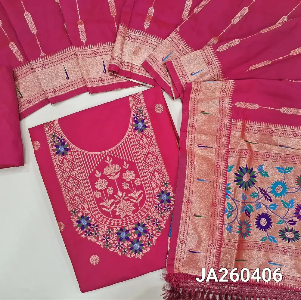 Designer bright Pink premium silk unstitched salwar material (lining needed) meenakari weaving paithani design on daman, matching silk bottom with zari borders, premium silk full length dupatta with meenakari weaving paithani design pallu. JA260406