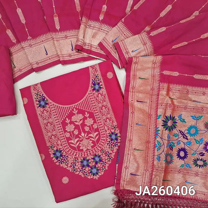 Designer bright Pink premium silk unstitched salwar material (lining needed) meenakari weaving paithani design on daman, matching silk bottom with zari borders, premium silk full length dupatta with meenakari weaving paithani design pallu. JA260406