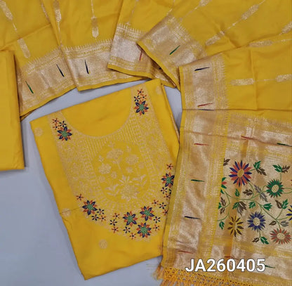 Designer Yellow premium silk unstitched salwar material (lining needed) meenakari weaving paithani design on daman, matching silk bottom with zari borders, premium silk full length dupatta with meenakari weaving paithani design pallu. JA260405