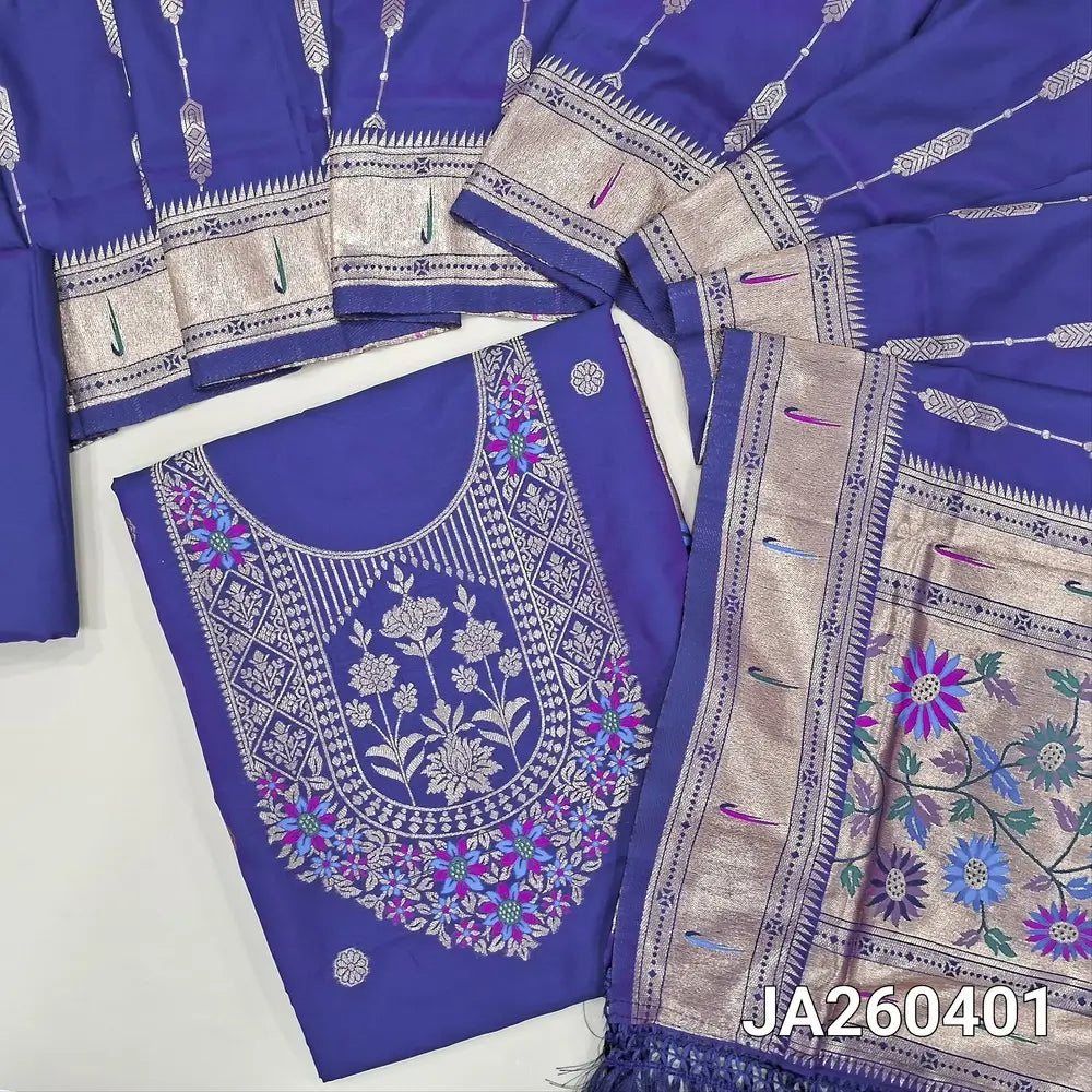 Designer royal Blue premium silk unstitched salwar material (lining needed) meenakari weaving paithani design on daman, matching silk bottom with borders, premium silk full length dupatta with meenakari weaving paithani design pallu. JA260401