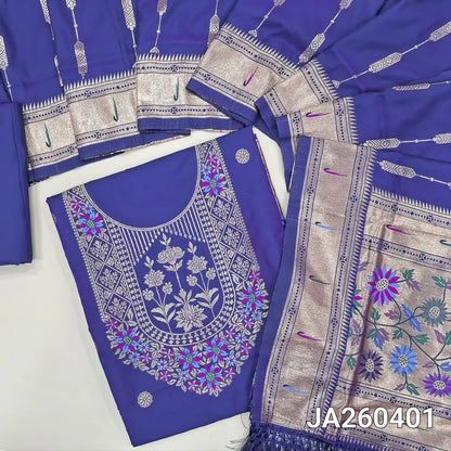Designer royal Blue premium silk unstitched salwar material (lining needed) meenakari weaving paithani design on daman, matching silk bottom with borders, premium silk full length dupatta with meenakari weaving paithani design pallu. JA260401