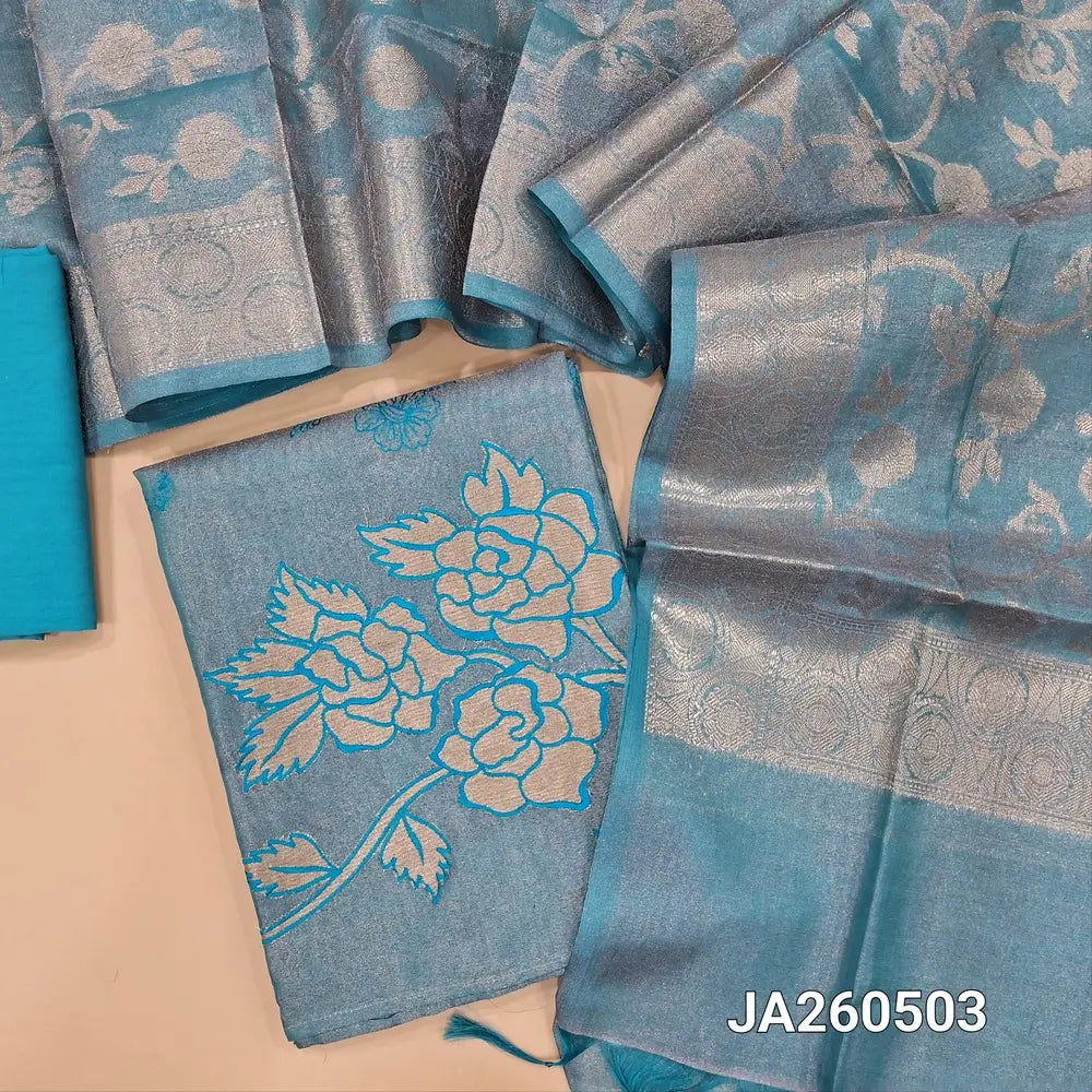 Designer pastel Blue tissue silk cotton unstitched salwar material (lining needed) embroidery work on front, applique work on daman, matching silky or silk cotton bottom, benaras weaving silk cotton full length dupatta. JA260503