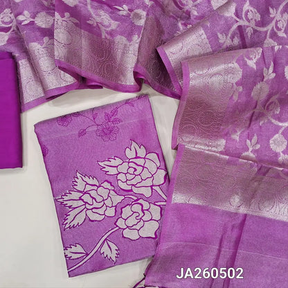 Designer Purple tissue silk cotton unstitched salwar material (lining needed) embroidery work on front, applique work on daman, matching silky or silk cotton bottom, benaras weaving silk cotton full length dupatta. JA260502
