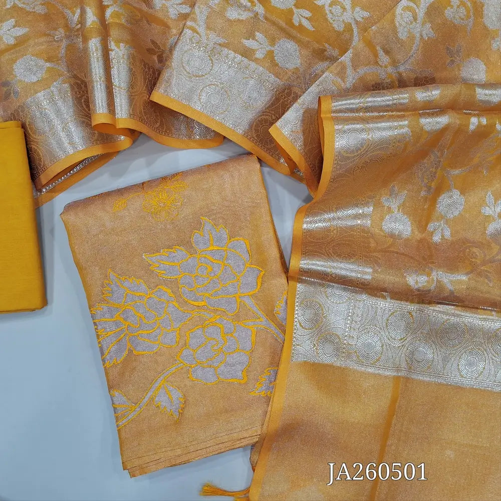 Designer light Yellow tissue silk cotton unstitched salwar material (lining needed) embroidery work on front, applique work on daman, matching silky or silk cotton bottom, benaras weaving silk cotton full length dupatta. JA260501