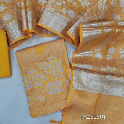 Designer light Yellow tissue silk cotton unstitched salwar material (lining needed) embroidery work on front, applique work on daman, matching silky or silk cotton bottom, benaras weaving silk cotton full length dupatta. JA260501