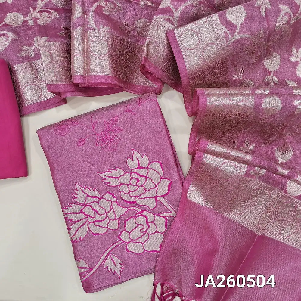 Designer Pink tissue silk cotton unstitched salwar material (lining needed) embroidery work on front, applique work on daman, matching silky or silk cotton bottom, benaras weaving silk cotton full length dupatta. JA260504