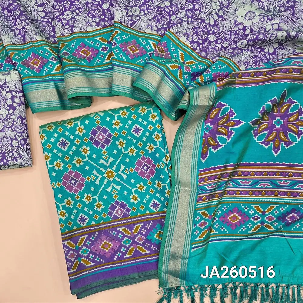 Ikat printed turquoise Blue soft silk cotton unstitched salwar material (lining needed), printed silk cotton bottom, ikat printed soft silk cotton dupatta with tassels. JA260516