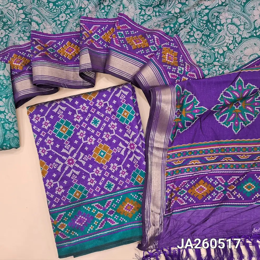 Ikat printed Purple & turquoise Green soft silk cotton unstitched salwar material (lining needed), printed silk cotton bottom, ikat printed soft silk cotton dupatta with tassels. JA260517