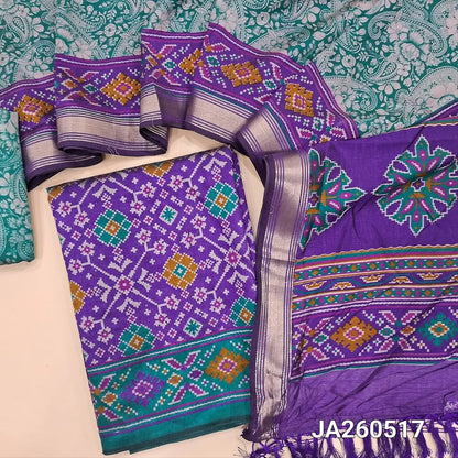 Ikat printed Purple & turquoise Green soft silk cotton unstitched salwar material (lining needed), printed silk cotton bottom, ikat printed soft silk cotton dupatta with tassels. JA260517