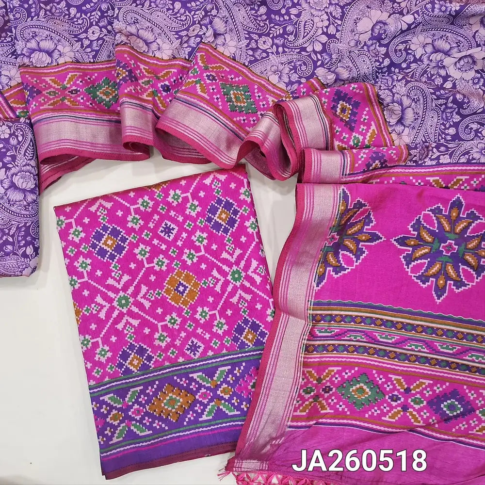 Ikat printed Pink soft silk cotton unstitched salwar material (lining needed), printed silk cotton bottom, ikat printed soft silk cotton dupatta with tassels. JA260518