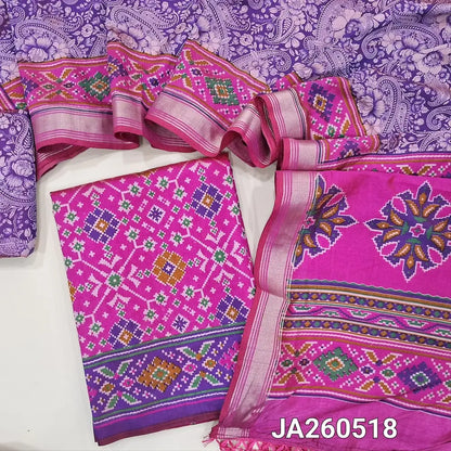 Ikat printed Pink soft silk cotton unstitched salwar material (lining needed), printed silk cotton bottom, ikat printed soft silk cotton dupatta with tassels. JA260518