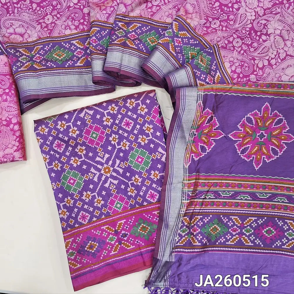 Ikat printed Purple & Pink soft silk cotton unstitched salwar material (lining needed), printed silk cotton bottom, ikat printed soft silk cotton dupatta with tassels. JA260515