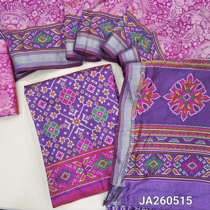 Ikat printed Purple & Pink soft silk cotton unstitched salwar material (lining needed), printed silk cotton bottom, ikat printed soft silk cotton dupatta with tassels. JA260515