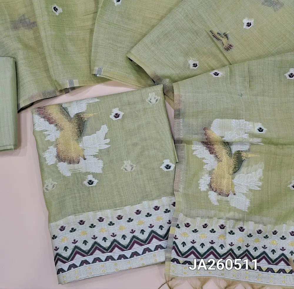 Sage Green jamdani woven silk cotton unstitched salwar material (lining needed) bird jamdani woven on front, matching silk cotton bottom, jamdani woven silk cotton full length dupatta. JA260511