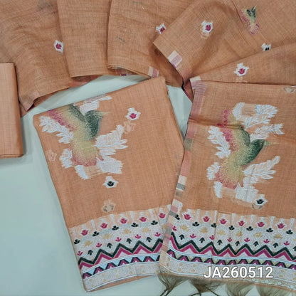 Pastel Peach jamdani woven silk cotton unstitched salwar material (lining needed) bird jamdani woven on front, matching silk cotton bottom, jamdani woven silk cotton full length dupatta. JA260512
