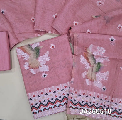 Pastel Pink jamdani woven silk cotton unstitched salwar material (lining needed) bird jamdani woven on front, matching silk cotton bottom, jamdani woven silk cotton full length dupatta. JA260510