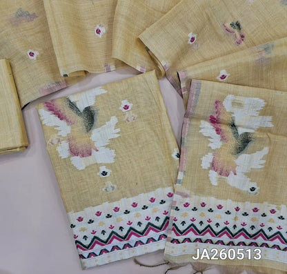 Light Beige jamdani woven silk cotton unstitched salwar material (lining needed) bird jamdani woven on front, matching silk cotton bottom, jamdani woven silk cotton full length dupatta. JA260513