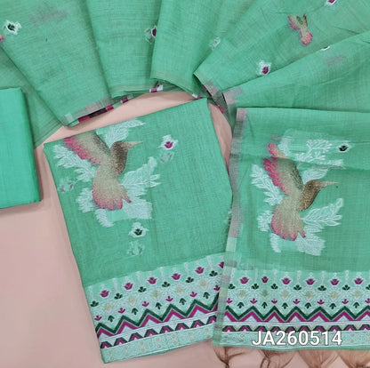 Sea Green jamdani woven silk cotton unstitched salwar material (lining needed) bird jamdani woven on front, matching silk cotton bottom, jamdani woven silk cotton full length dupatta. JA260514