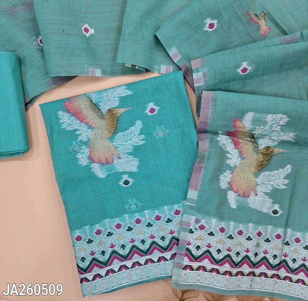 Pastel Blue jamdani woven silk cotton unstitched salwar material (lining needed) bird jamdani woven on front, matching silk cotton bottom, jamdani woven silk cotton full length dupatta. JA260509