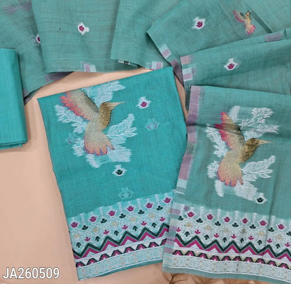 Pastel Blue jamdani woven silk cotton unstitched salwar material (lining needed) bird jamdani woven on front, matching silk cotton bottom, jamdani woven silk cotton full length dupatta. JA260509
