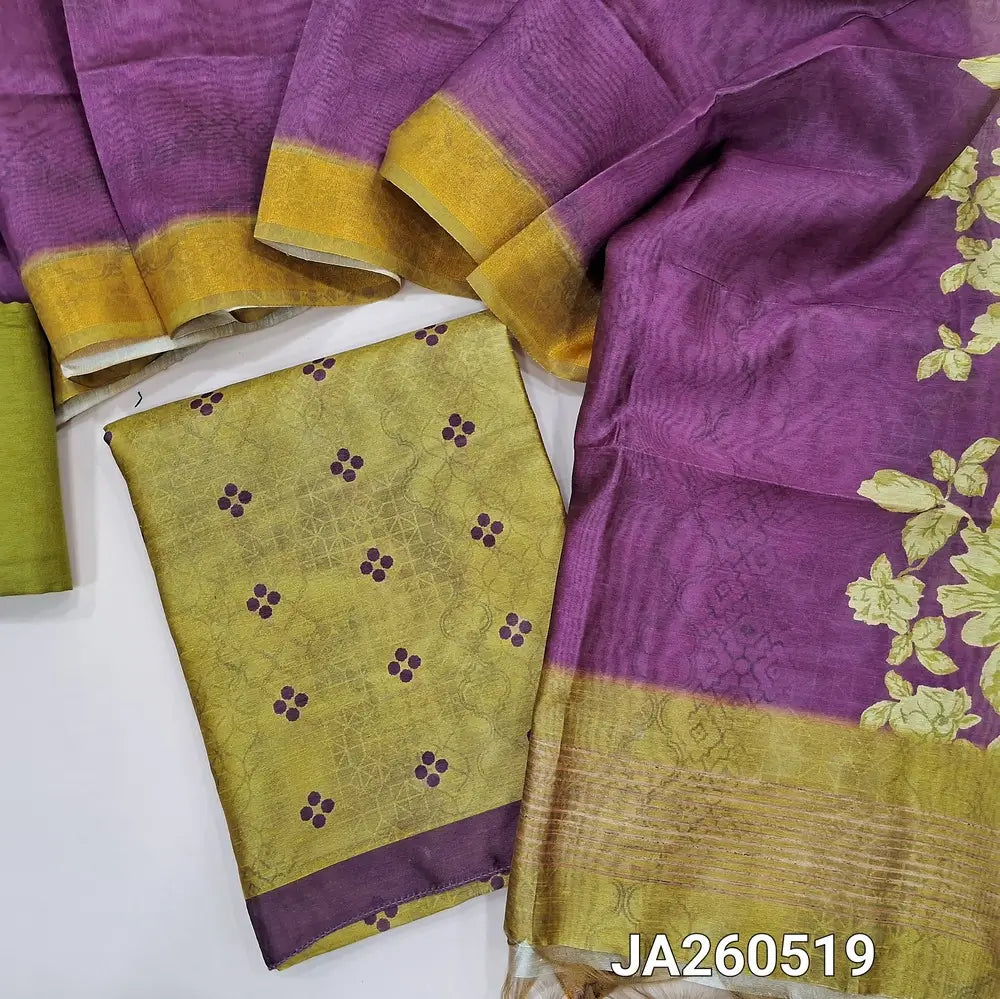 Digital printed mossy Green silk cotton unstitched salwar material (lining needed), matching santoon bottom, flora printed silk cotton dupatta. JA260519