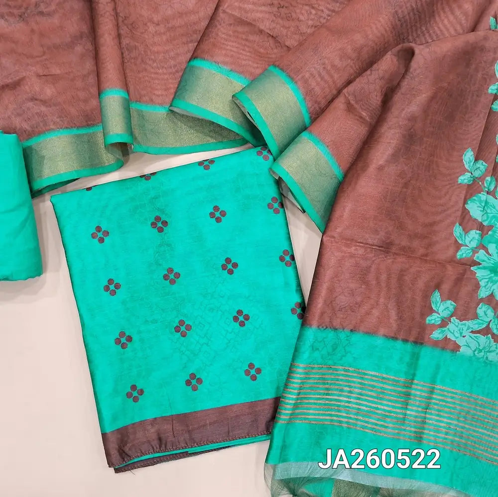 Digital printed turquoise Green silk cotton unstitched salwar material (lining needed), matching santoon bottom, flora printed silk cotton dupatta. JA260522