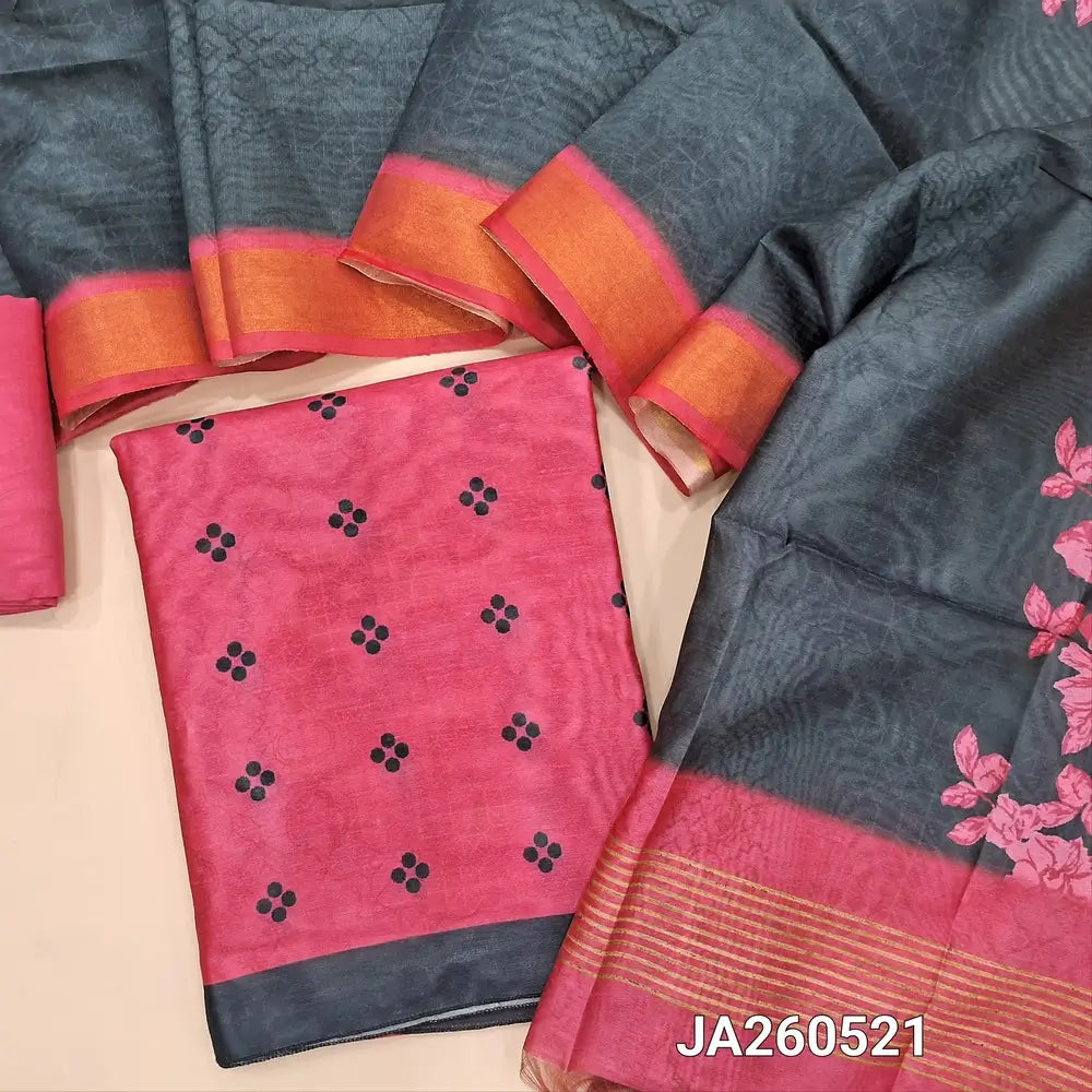 Digital printed Pink silk cotton unstitched salwar material (lining needed), matching santoon bottom, flora printed silk cotton dupatta. JA260521