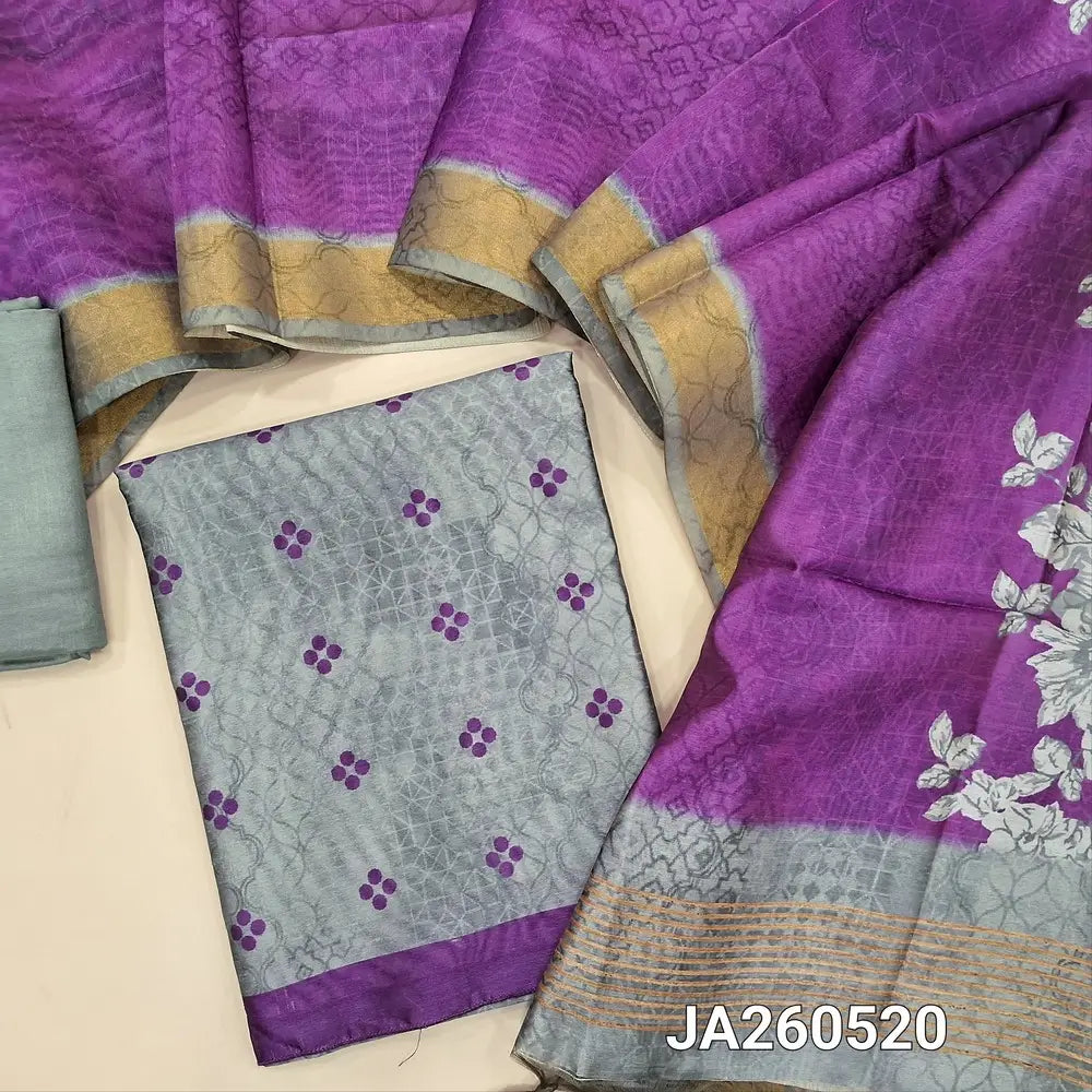 Digital printed light Grey silk cotton unstitched salwar material (lining needed), matching santoon bottom, flora printed silk cotton dupatta. JA260520