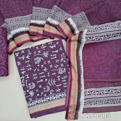 Warli  printed purple soft cotton unstitched salwar material (lining needed) zari borders on daman, printed cotton bottom, warli printed soft cotton full length dupatta. JA260505