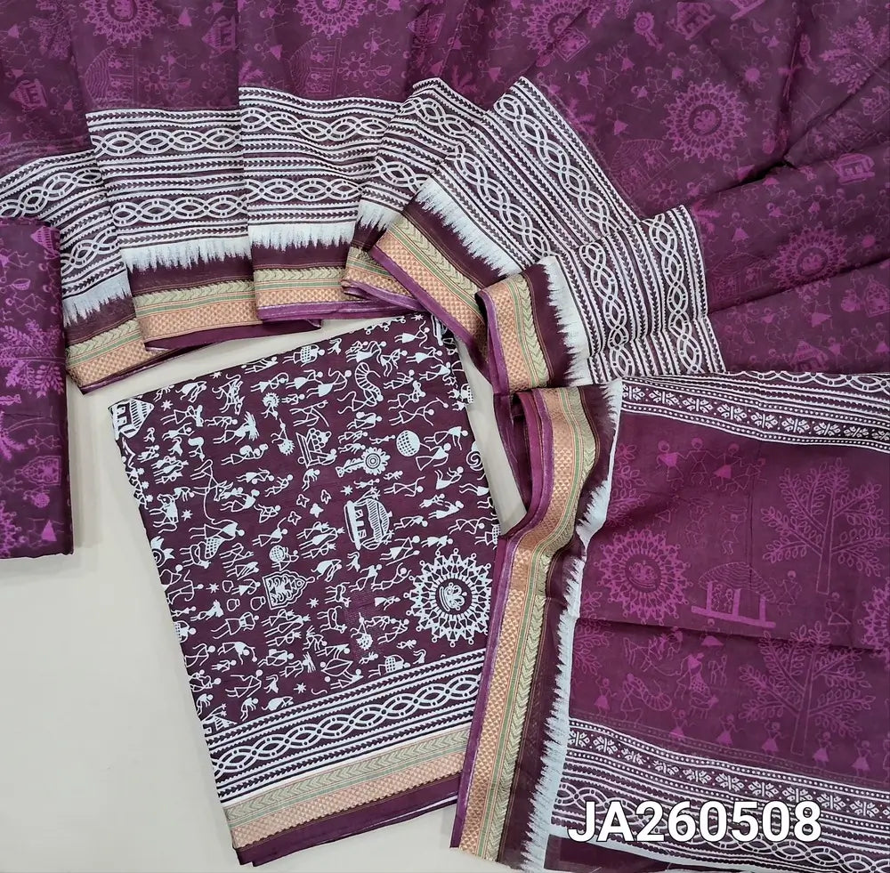 Warli  printed purple soft cotton unstitched salwar material (lining needed) zari borders on daman, printed cotton bottom, warli printed soft cotton full length dupatta. JA260508