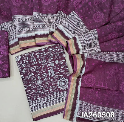 Warli  printed purple soft cotton unstitched salwar material (lining needed) zari borders on daman, printed cotton bottom, warli printed soft cotton full length dupatta. JA260508