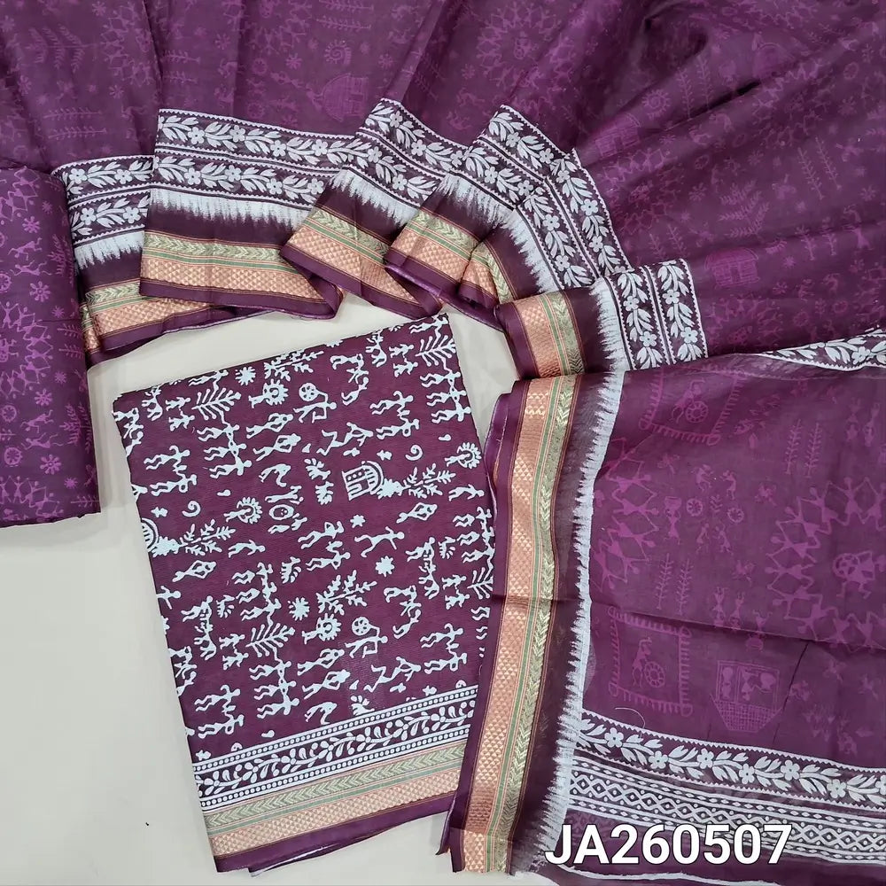 Warli  printed purple soft cotton unstitched salwar material (lining needed) zari borders on daman, printed cotton bottom, warli printed soft cotton full length dupatta. JA260507