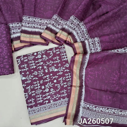 Warli  printed purple soft cotton unstitched salwar material (lining needed) zari borders on daman, printed cotton bottom, warli printed soft cotton full length dupatta. JA260507
