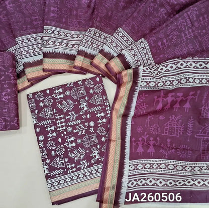 Warli  printed purple soft cotton unstitched salwar material (lining needed) zari borders on daman, printed cotton bottom, warli printed soft cotton full length dupatta. JA260506