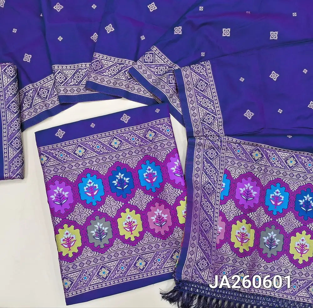 Designer royal Blue premium silk unstitched salwar material (lining needed) benarasi woven & meenakari weaving on yoke & daman, matching silk bottom with zari borders, premium silk cotton full length dupatta with meenakari weaving design pallu. JA260601