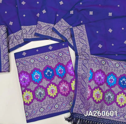 Designer royal Blue premium silk unstitched salwar material (lining needed) benarasi woven & meenakari weaving on yoke & daman, matching silk bottom with zari borders, premium silk cotton full length dupatta with meenakari weaving design pallu. JA260601