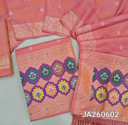 Designer Peach premium silk unstitched salwar material (lining needed) benarasi woven & meenakari weaving on yoke & daman, matching silk bottom with zari borders, premium silk cotton full length dupatta with meenakari weaving design pallu. JA260602