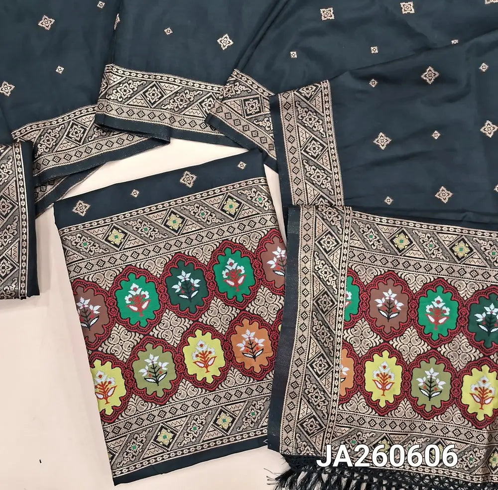 Designer Black premium silk unstitched salwar material (lining needed) benarasi woven & meenakari weaving on yoke & daman, matching silk bottom with zari borders, premium silk cotton full length dupatta with meenakari weaving design pallu. JA260607