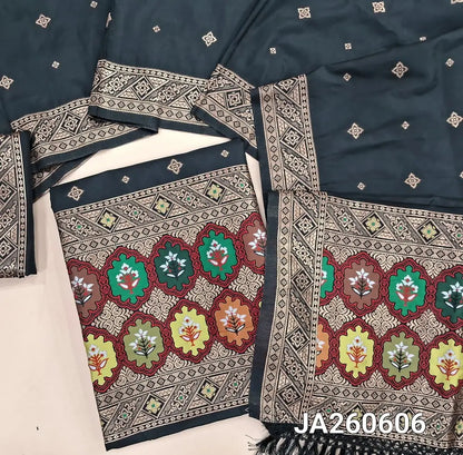 Designer Black premium silk unstitched salwar material (lining needed) benarasi woven & meenakari weaving on yoke & daman, matching silk bottom with zari borders, premium silk cotton full length dupatta with meenakari weaving design pallu. JA260607