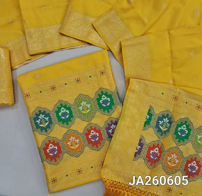 Designer Yellow premium silk unstitched salwar material (lining needed) benarasi woven & meenakari weaving on yoke & daman, matching silk bottom with zari borders, premium silk cotton full length dupatta with meenakari weaving design pallu. JA260605