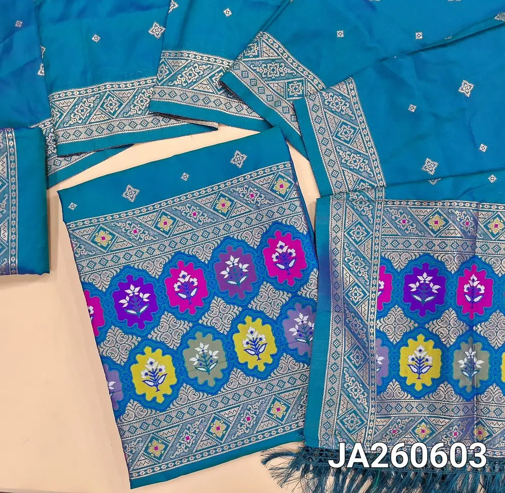 Designer Blue premium silk unstitched salwar material (lining needed) benarasi woven & meenakari weaving on yoke & daman, matching silk bottom with zari borders, premium silk cotton full length dupatta with meenakari weaving design pallu. JA260603