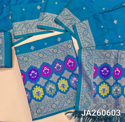 Designer Blue premium silk unstitched salwar material (lining needed) benarasi woven & meenakari weaving on yoke & daman, matching silk bottom with zari borders, premium silk cotton full length dupatta with meenakari weaving design pallu. JA260603
