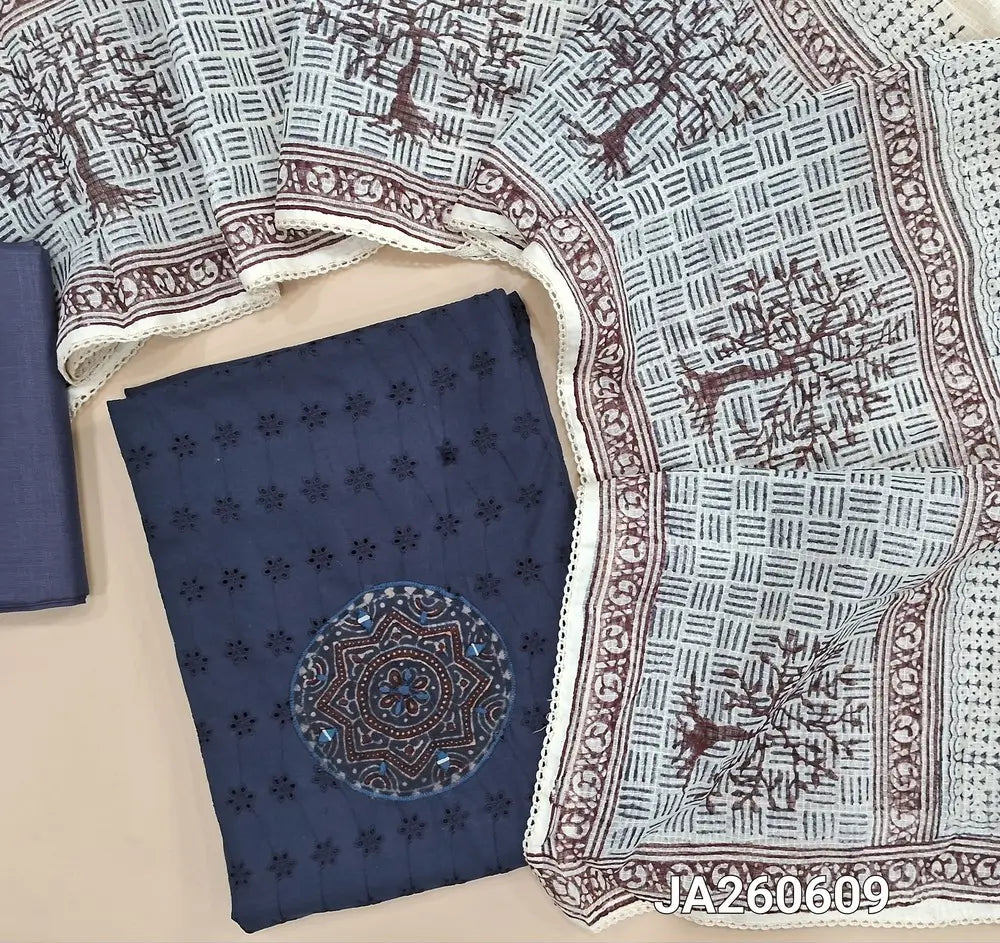 Dark Blue pure cotton unstitched salwar material (lining needed) ajrak patch, real mirror work on yoke, schiffli work allover matching cotton bottom, hand block printed, ajrak patch work on kota cotton dupatta with lace taping. JA260609