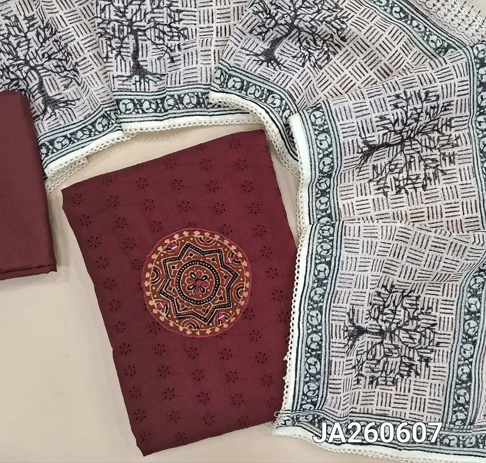 Dark Maroon pure cotton unstitched salwar material (lining needed) ajrak patch, real mirror work on yoke, schiffli work allover matching cotton bottom, hand block printed, ajrak patch work on kota cotton dupatta with lace taping. JA260607