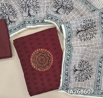 Dark Maroon pure cotton unstitched salwar material (lining needed) ajrak patch, real mirror work on yoke, schiffli work allover matching cotton bottom, hand block printed, ajrak patch work on kota cotton dupatta with lace taping. JA260607