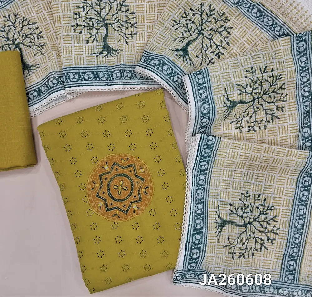 Mehandhi Yellow pure cotton unstitched salwar material (lining needed) ajrak patch, real mirror work on yoke, schiffli work allover matching cotton bottom, hand block printed, ajrak patch work on kota cotton dupatta with lace taping. JA260608